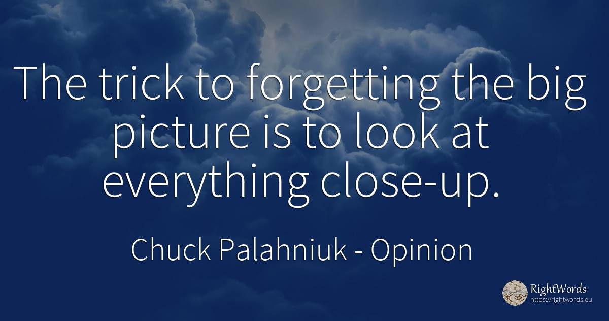 The trick to forgetting the big picture is to look at... - Chuck Palahniuk, quote about opinion, forgetness