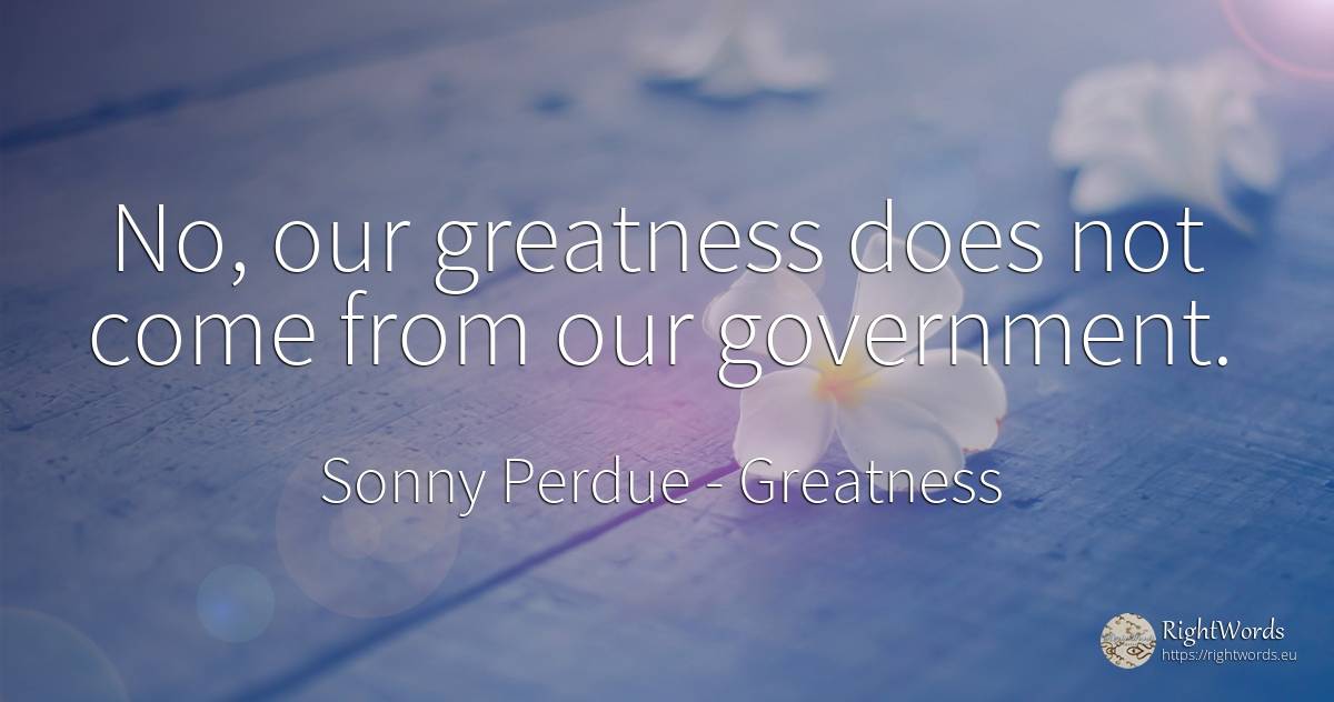 No, our greatness does not come from our government. - Sonny Perdue, quote about greatness