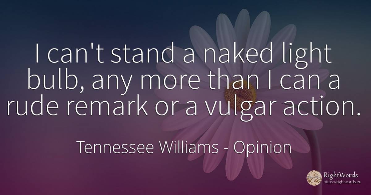 I can't stand a naked light bulb, any more than I can a... - Tennessee Williams, quote about opinion, vulgarity, action, light