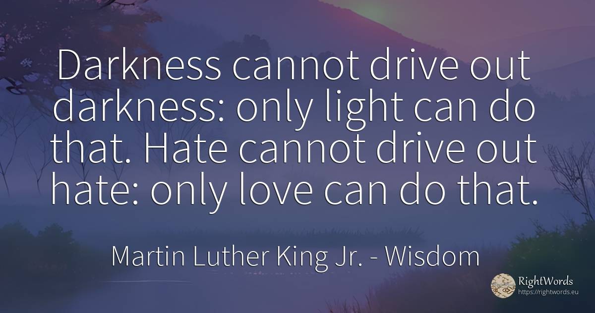 Darkness cannot drive out darkness: only light can do... - Martin Luther King Jr. (MLK), quote about wisdom, hate, light, love