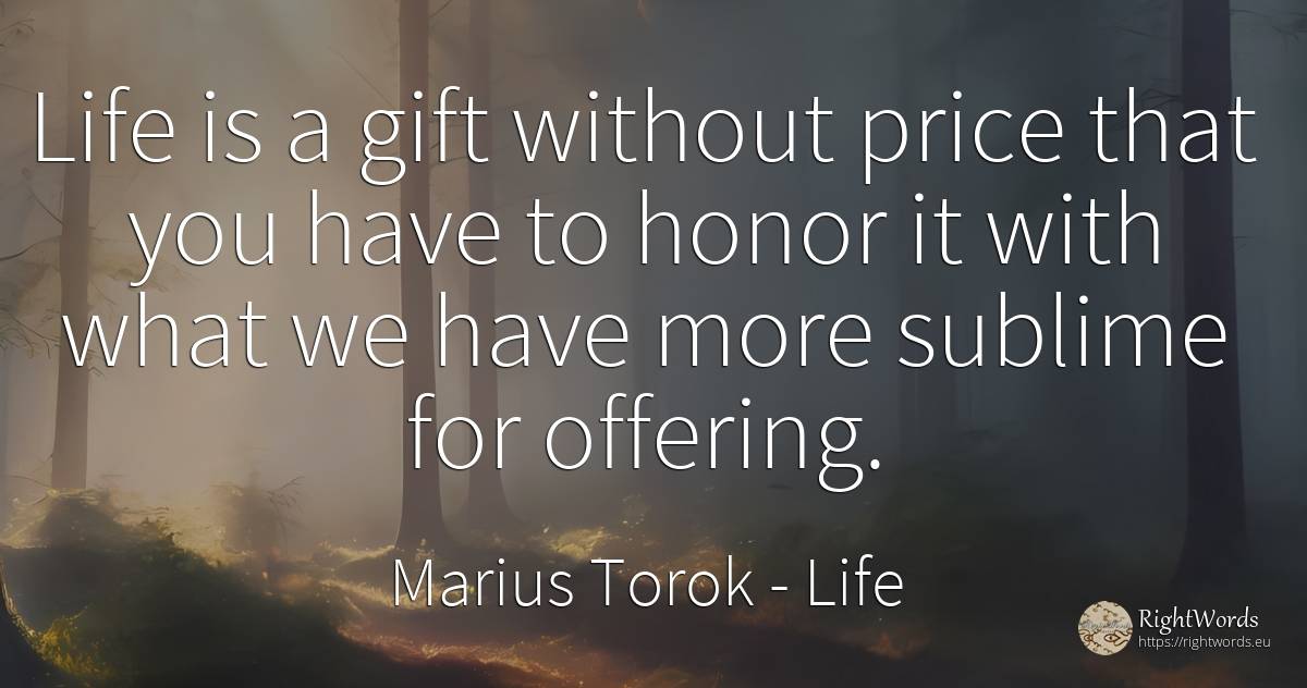 Life is a gift without price that you have to honor it... - Marius Torok (Darius Domcea), quote about life, sublime, gifts