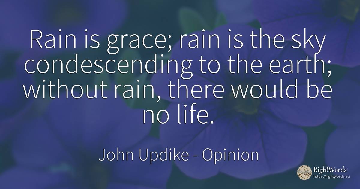 Rain is grace; rain is the sky condescending to the... - John Updike, quote about opinion, rain, grace, sky, earth, life