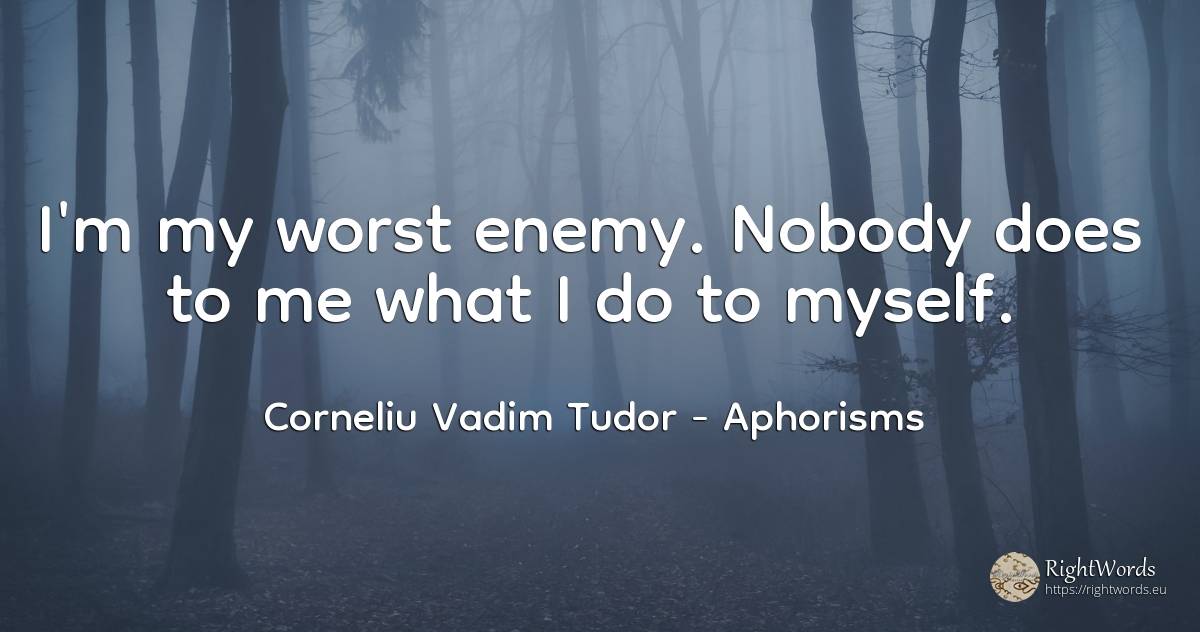 I'm my worst enemy. Nobody does to me what I do to myself. - Corneliu Vadim Tudor, quote about aphorisms, enemies