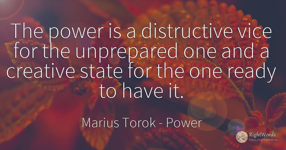 The power is a distructive vice for the unprepared one... - Marius Torok (Darius Domcea), quote about power, vice, state