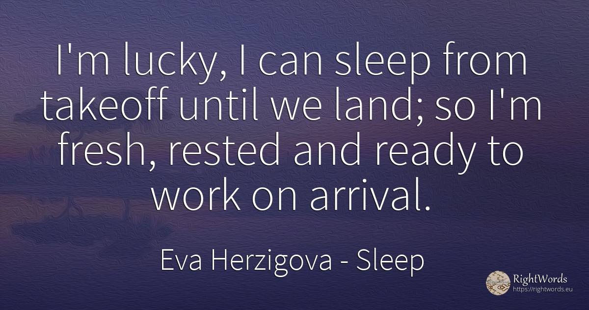 I'm lucky, I can sleep from takeoff until we land; so I'm... - Eva Herzigova, quote about sleep, work