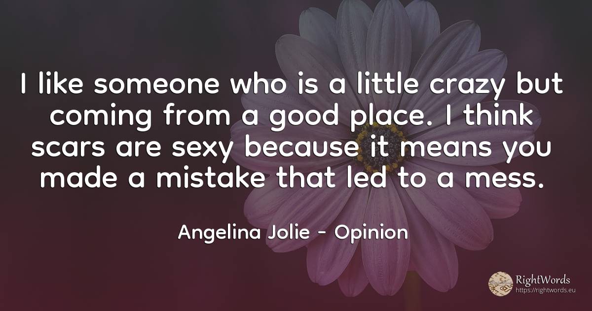 I like someone who is a little crazy but coming from a... - Angelina Jolie, quote about opinion, sex, mistake, good, good luck