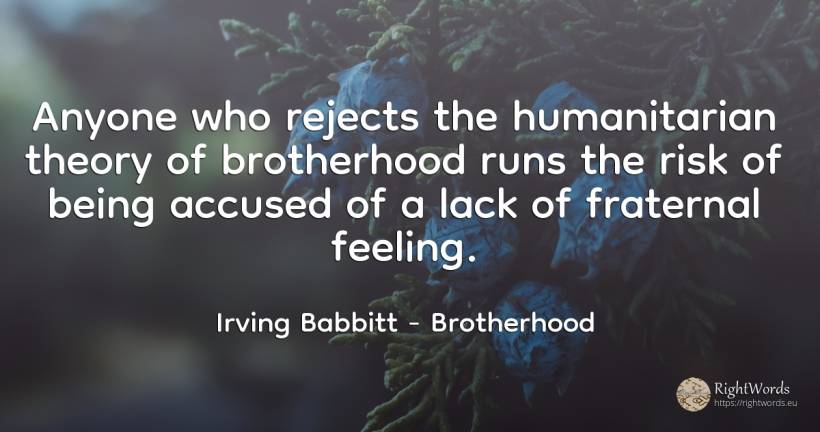Anyone who rejects the humanitarian theory of brotherhood... - Irving Babbitt, quote about brotherhood, risk, being
