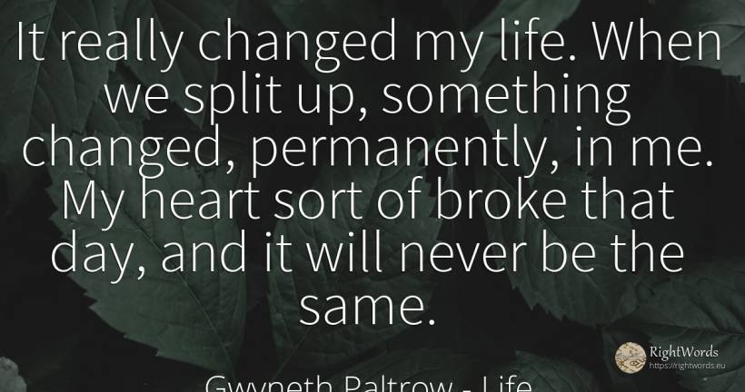 It really changed my life. When we split up, something... - Gwyneth Paltrow, quote about life, heart, day