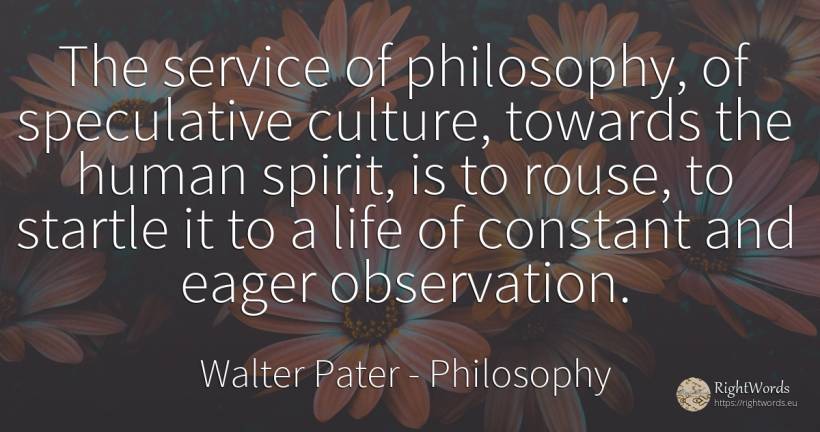 The service of philosophy, of speculative culture, ... - Walter Pater, quote about philosophy, culture, human imperfections, spirit, life
