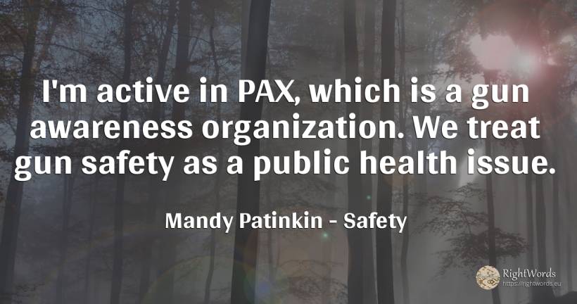 I'm active in PAX, which is a gun awareness organization.... - Mandy Patinkin, quote about safety, public