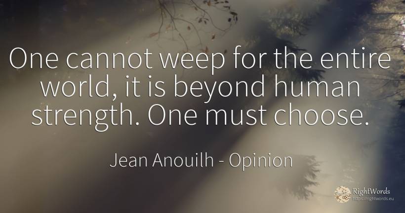 One cannot weep for the entire world, it is beyond human... - Jean Anouilh, quote about opinion, human imperfections, world