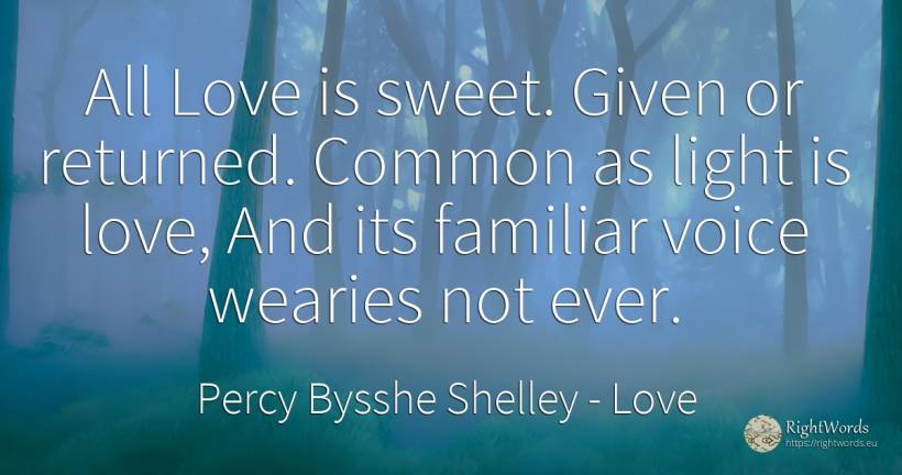 All Love is sweet. Given or returned. Common as light is... - Percy Bysshe Shelley, quote about love, common sense, voice, light