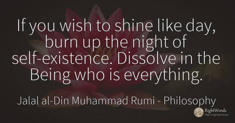 If you wish to shine like day, burn up the night of... - Jalal al-Din Muhammad Rumi (Jalāl ad-Dīn Muhammad Rūmī), quote about philosophy, existence, wish, night, self-control, being, day