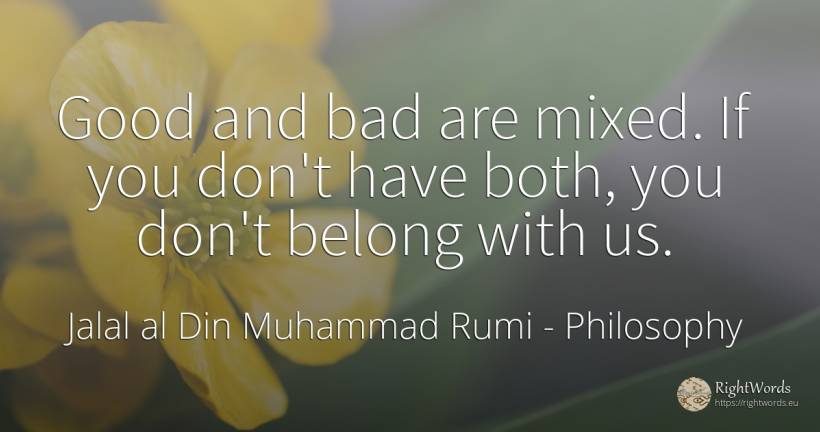Good and bad are mixed. If you don't have both, you don't... - Jalal al-Din Muhammad Rumi (Jalāl ad-Dīn Muhammad Rūmī), quote about philosophy, bad luck, bad, good, good luck