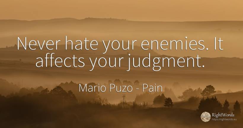 Never hate your enemies. It affects your judgment. - Mario Puzo, quote about pain, judgment, enemies, hate