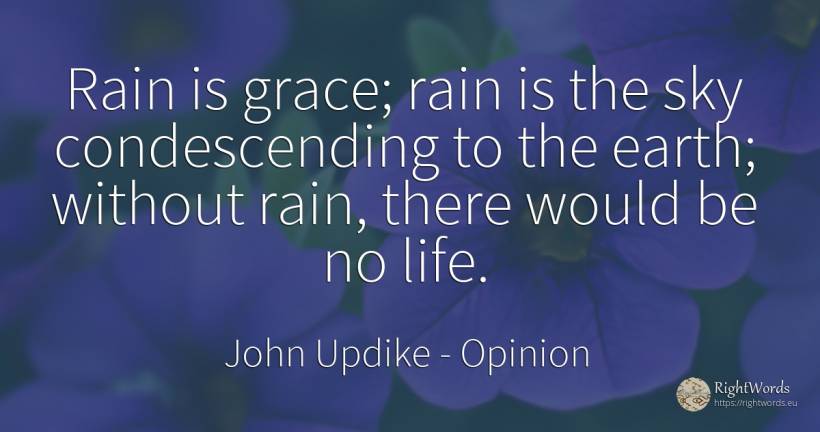 Rain is grace; rain is the sky condescending to the... - John Updike, quote about opinion, rain, grace, sky, earth, life