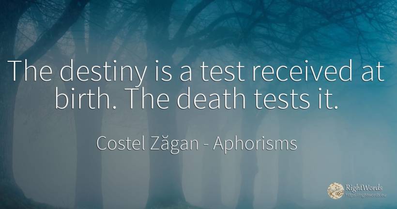 The destiny is a test received at birth. The death tests it. - Costel Zăgan, quote about aphorisms, tests, destiny, death