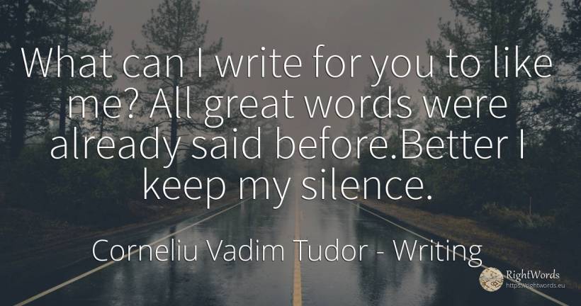What can I write for you to like me? All great words were... - Corneliu Vadim Tudor, quote about writing, silence