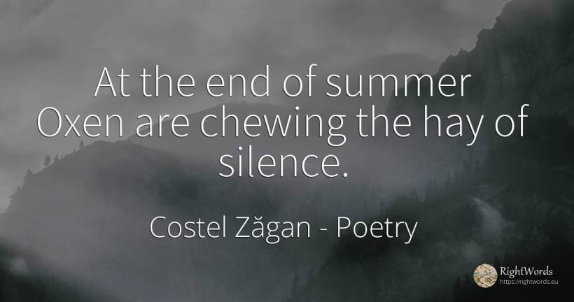 At the end of summer Oxen are chewing the hay of silence. - Costel Zăgan, quote about poetry, silence, end