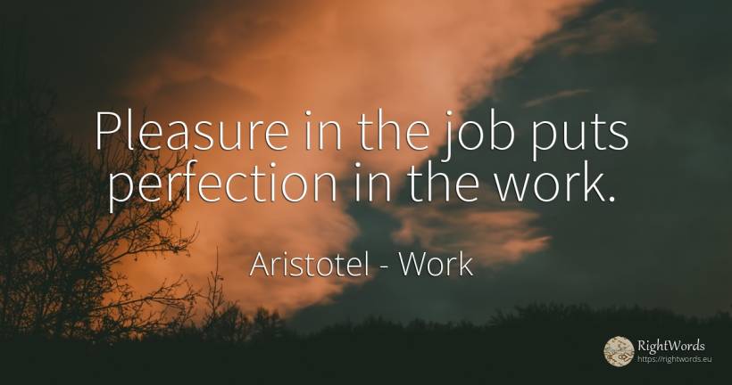 Pleasure in the job puts perfection in the work. - Aristotel, quote about work, perfection, pleasure