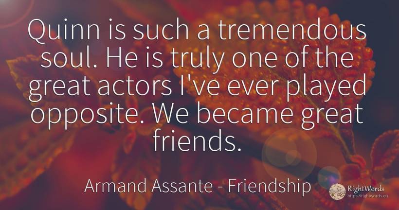 Quinn is such a tremendous soul. He is truly one of the... - Armand Assante, quote about friendship, actors, soul