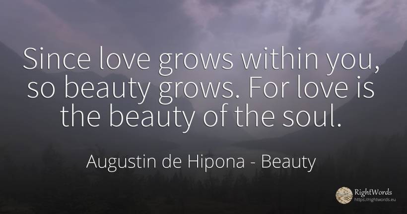 Since love grows within you, so beauty grows. For love is... - Saint Augustine (Augustine of Hippo) (Aurelius Augustinus), quote about beauty, love, soul