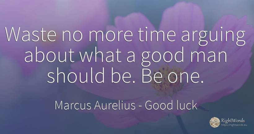 Waste no more time arguing about what a good man should... - Marcus Aurelius (Marcus Catilius Severus), quote about good, good luck, time, man