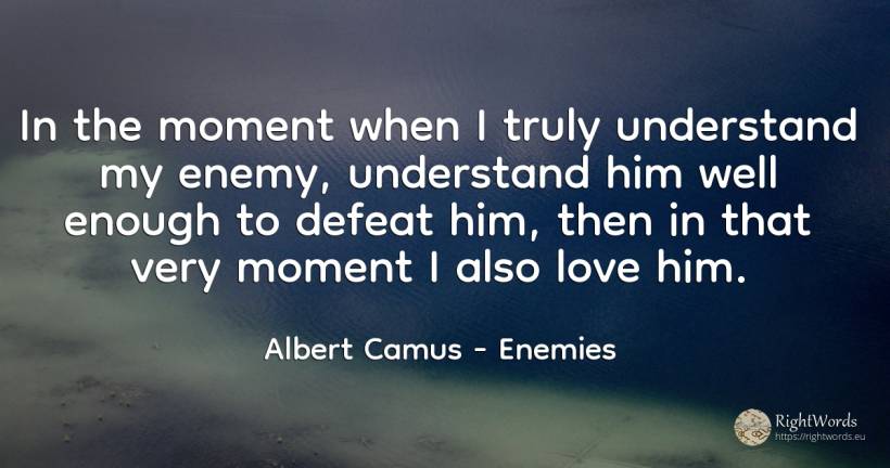 In the moment when I truly understand my enemy, ... - Albert Camus, quote about enemies, defeat, moment, love