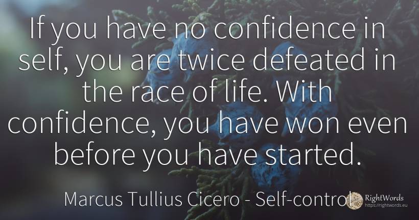 If you have no confidence in self, you are twice defeated... - Marcus Tullius Cicero, quote about self-control, life